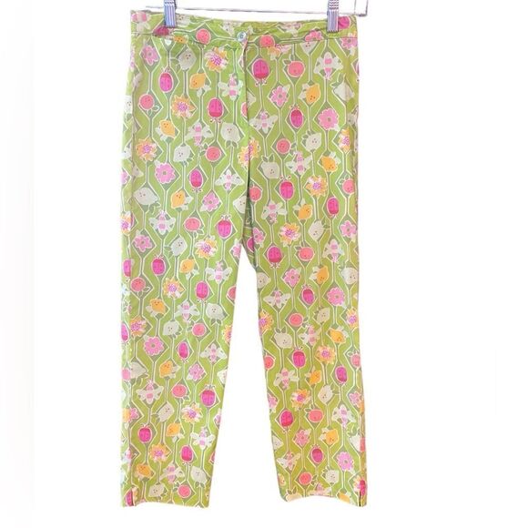 Lilly Pulitzer Sz 2 Lime Green Fuschia Pink a Floral Lemon Ankle Cotton Pants - Picture 1 of 6